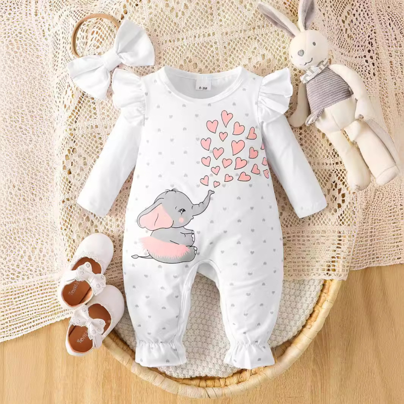 Piiriülene INS vastsündinud beebitüdruku kevad- ja sügisbeebi elevanditrükiga pikkade varrukatega avatav ühes tükis ronimisriiete juukseaksessuaarid