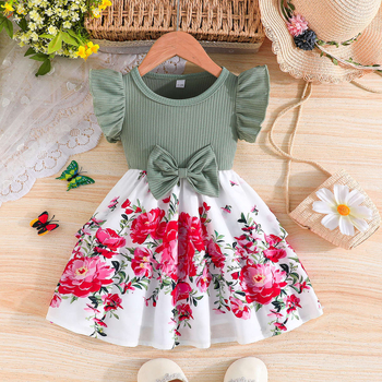 2025 m. vasaros mergaitiška laisvalaikio miela suknelė su skraidančiomis rankovėmis, kaspino formos dekoratyvine gėlių raštu