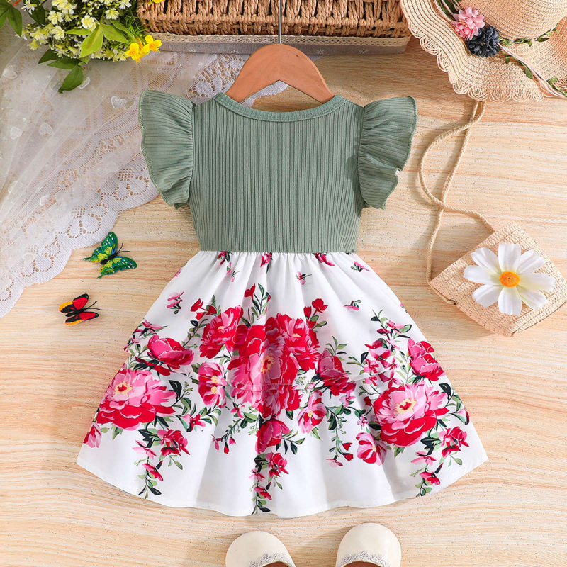 2025 m. vasaros mergaitiška laisvalaikio miela suknelė su skraidančiomis rankovėmis, kaspino formos dekoratyvine gėlių raštu