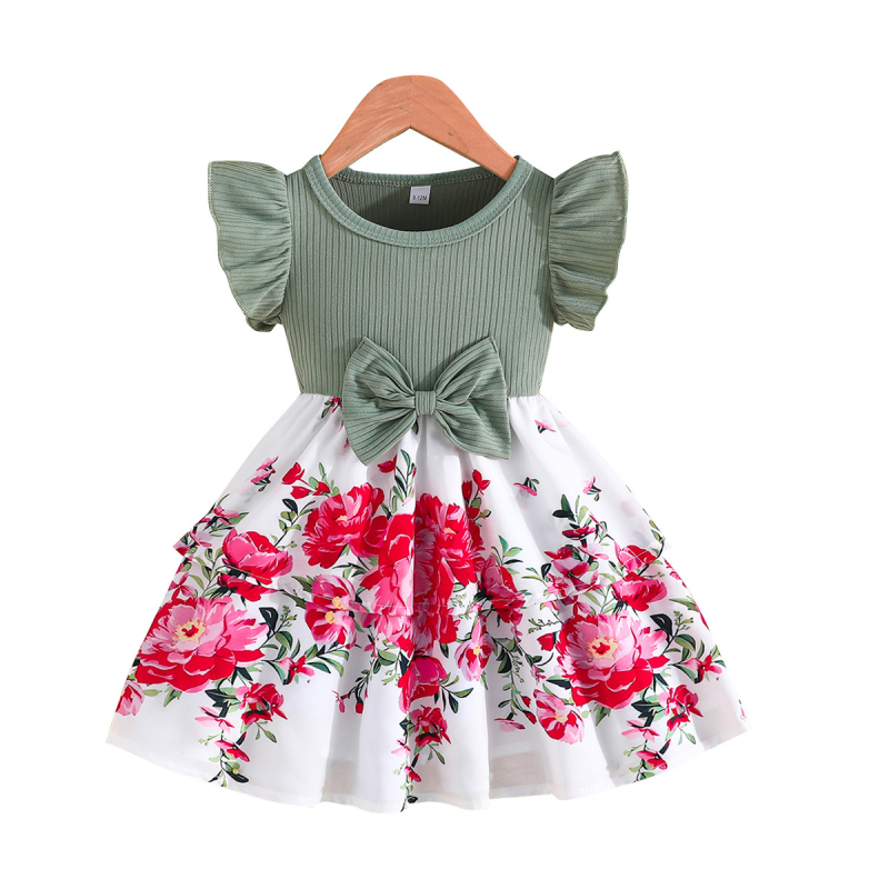 2025 m. vasaros mergaitiška laisvalaikio miela suknelė su skraidančiomis rankovėmis, kaspino formos dekoratyvine gėlių raštu