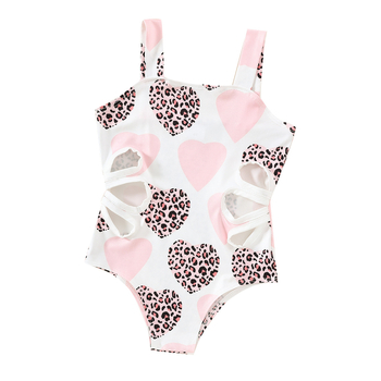 Tüdrukute suvine mereäärne ühes tükis ujumistrikoo, roosa armastuse leopardi mustriga vöökohalt kitsas kolmnurkne ujumistrikoo.