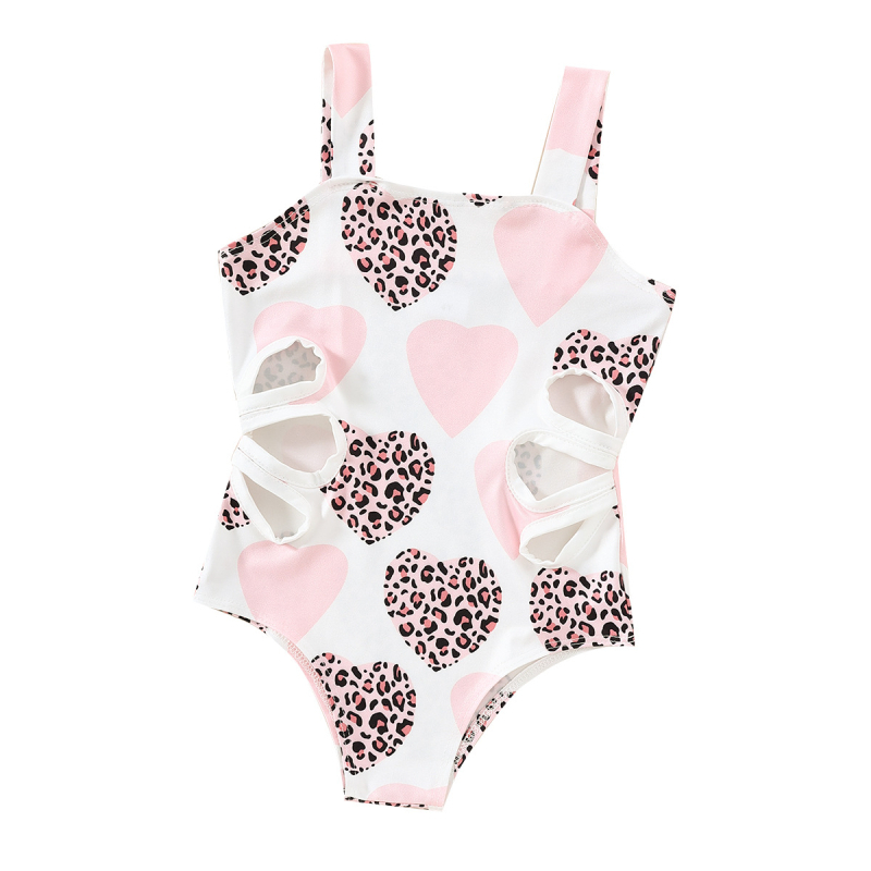 Tüdrukute suvine mereäärne ühes tükis ujumistrikoo, roosa armastuse leopardi mustriga vöökohalt kitsas kolmnurkne ujumistrikoo.