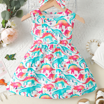Letné dievčenské šaty bez rukávov, farebný dinosaurus, plná potlač, bezrukávová vesta, sukňa, dievčatko, cezhraničné detské oblečenie, veľkoobchod s oblečením Tide