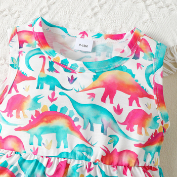 Φόρεμα για μωρά κορίτσια καλοκαιρινό αμάνικο χρώμα δεινόσαυρος πλήρης εκτύπωση αμάνικο γιλέκο φούστα μωρών κορίτσι διασυνοριακά παιδικά ρούχα χονδρικής Tide