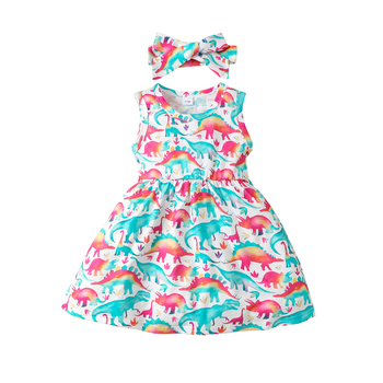 Φόρεμα για μωρά κορίτσια καλοκαιρινό αμάνικο χρώμα δεινόσαυρος πλήρης εκτύπωση αμάνικο γιλέκο φούστα μωρών κορίτσι διασυνοριακά παιδικά ρούχα χονδρικής Tide