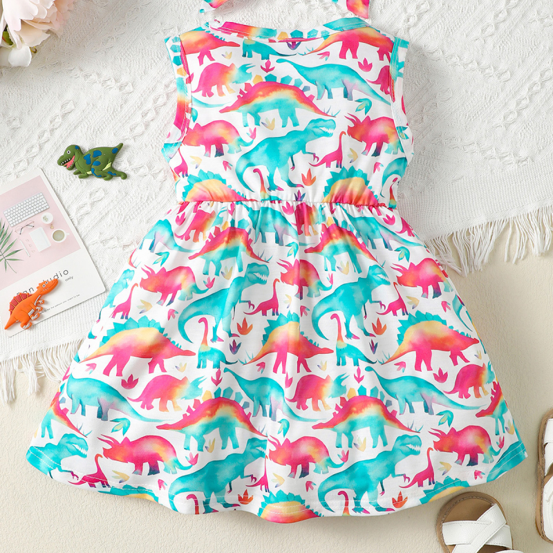 Letné dievčenské šaty bez rukávov, farebný dinosaurus, plná potlač, bezrukávová vesta, sukňa, dievčatko, cezhraničné detské oblečenie, veľkoobchod s oblečením Tide