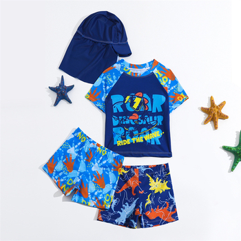 Užsienio prekybos vasaros 2024 berniukų maudymosi kostiumėlis trumpomis rankovėmis, šortai, kepurė, 4 dalių maudymosi kostiumėlis