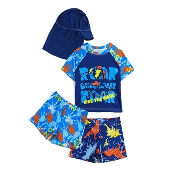 Užsienio prekybos vasaros 2024 berniukų maudymosi kostiumėlis trumpomis rankovėmis, šortai, kepurė, 4 dalių maudymosi kostiumėlis