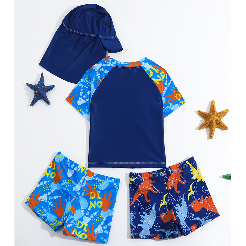 Užsienio prekybos vasaros 2024 berniukų maudymosi kostiumėlis trumpomis rankovėmis, šortai, kepurė, 4 dalių maudymosi kostiumėlis