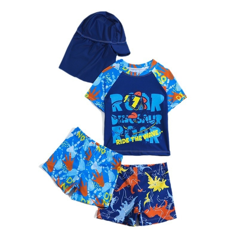 Užsienio prekybos vasaros 2024 berniukų maudymosi kostiumėlis trumpomis rankovėmis, šortai, kepurė, 4 dalių maudymosi kostiumėlis