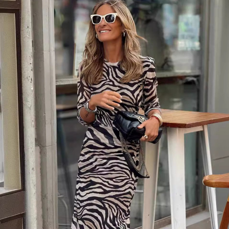 Cezhraničné výbuchy Amazon zahraničný obchod dámska móda zebra potlač dlhý rukáv okrúhly výstrih úzke boky dámske šaty
