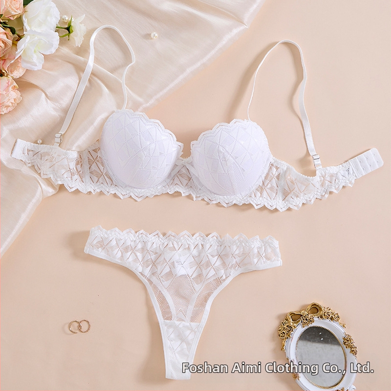 Y2024 karštai parduodama prancūziško stiliaus pusės kaušelio seksuali nėriniuota liemenėlė, netuščio kaušelio apatinio trikotažo seksualus baltas komplektas 24022