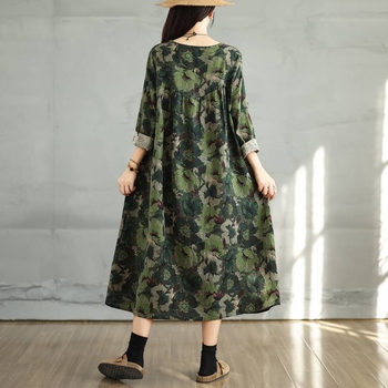 Real Shot Nova vintage pamučna i lanena haljina dugih rukava s okruglim izrezom, ženska široka haljina s uskim krojem i prošivenim detaljima, plus size