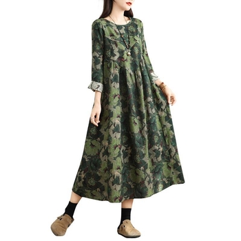 Real Shot Nova vintage pamučna i lanena haljina dugih rukava s okruglim izrezom, ženska široka haljina s uskim krojem i prošivenim detaljima, plus size