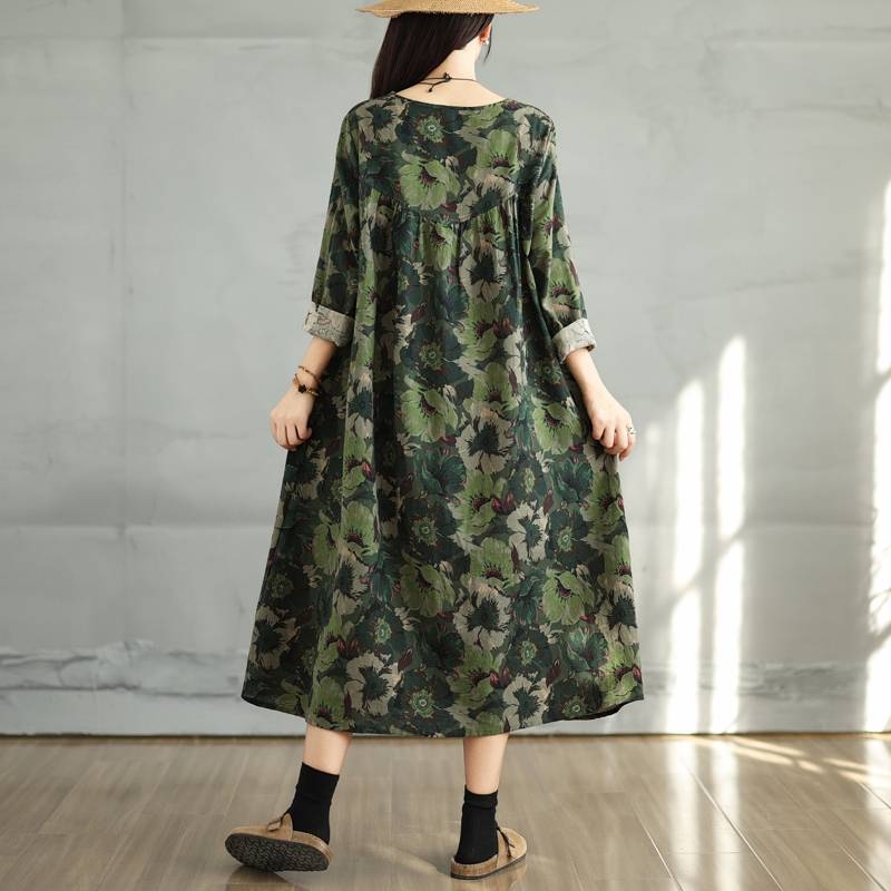 Real Shot Nova vintage pamučna i lanena haljina dugih rukava s okruglim izrezom, ženska široka haljina s uskim krojem i prošivenim detaljima, plus size