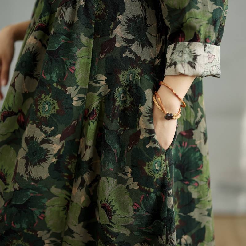 Real Shot Nova vintage pamučna i lanena haljina dugih rukava s okruglim izrezom, ženska široka haljina s uskim krojem i prošivenim detaljima, plus size