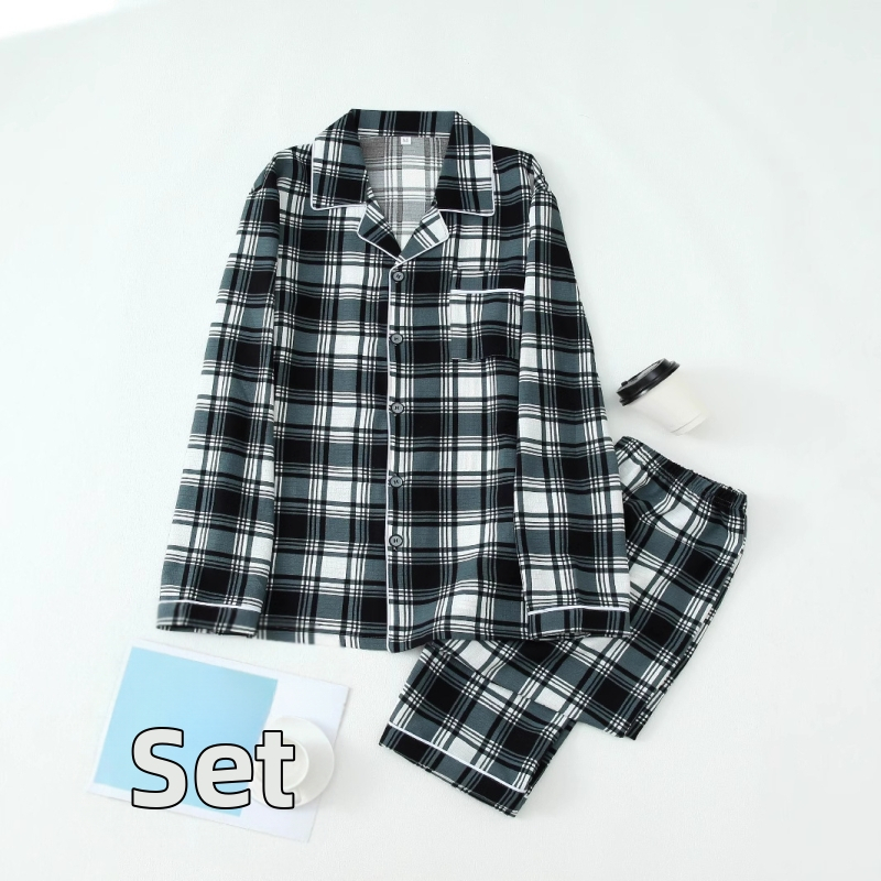Pánske ležérne kockované pyžamo, oblek s dlhým rukávom, košeľou a nohavicami s gombíkom na klope, neelastické