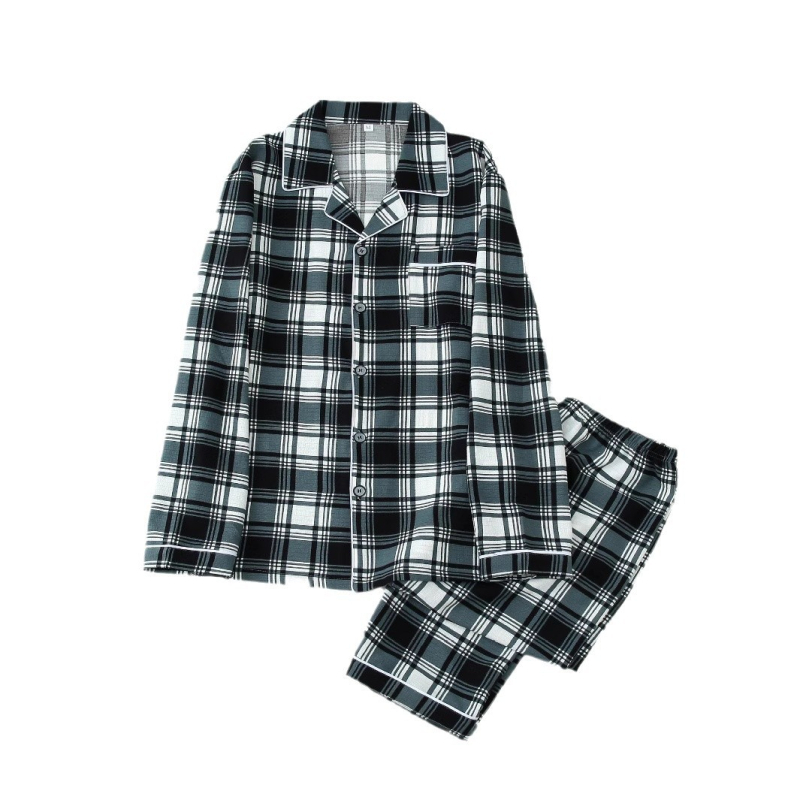 Pánske ležérne kockované pyžamo, oblek s dlhým rukávom, košeľou a nohavicami s gombíkom na klope, neelastické