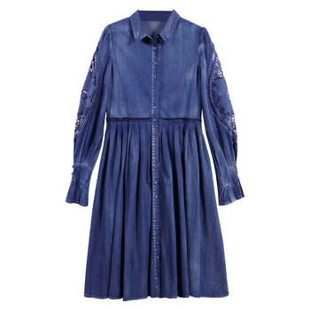 2025 m. Nauji rudens drabužiai, liekninantis juosmenį, džinsinis sijonas, retro stiliaus, vidutinio ilgio, ilgomis rankovėmis suknelė A82277