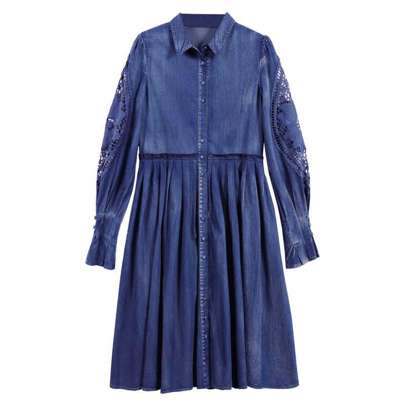 2025 m. Nauji rudens drabužiai, liekninantis juosmenį, džinsinis sijonas, retro stiliaus, vidutinio ilgio, ilgomis rankovėmis suknelė A82277