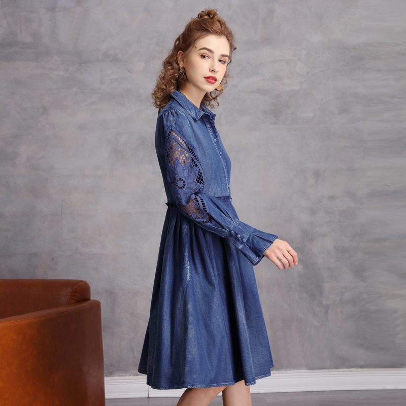 2025 m. Nauji rudens drabužiai, liekninantis juosmenį, džinsinis sijonas, retro stiliaus, vidutinio ilgio, ilgomis rankovėmis suknelė A82277