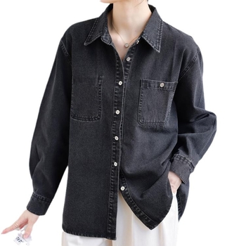 Dámska čierna džínsová košeľa, ležérna splývavá bunda s ochranou proti slnku, tenký top s dlhým rukávom