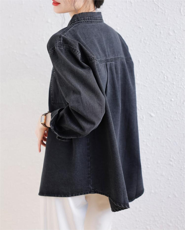 Dámska čierna džínsová košeľa, ležérna splývavá bunda s ochranou proti slnku, tenký top s dlhým rukávom