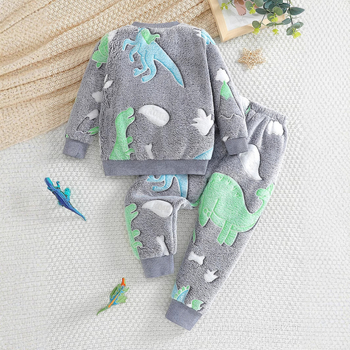 Χειμερινό βελούδινο κοστούμι για αγόρια με στρογγυλή λαιμόκοψη, ζεστό, casual, μοτίβο κινουμένων σχεδίων, σετ δύο τεμαχίων