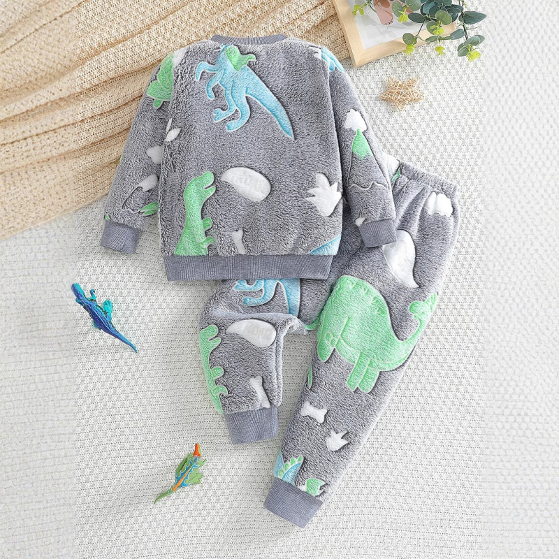 Chlapčenský zimný plyšový oblek s okrúhlym výstrihom a dlhým rukávom, kreslený vzor, ležérny teplý dvojdielny set