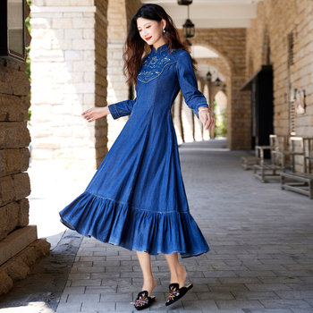 Jarné 2025 Nové vintage vyšívané džínsové šaty Elegantné úzke šaty s rybím chvostom 82533