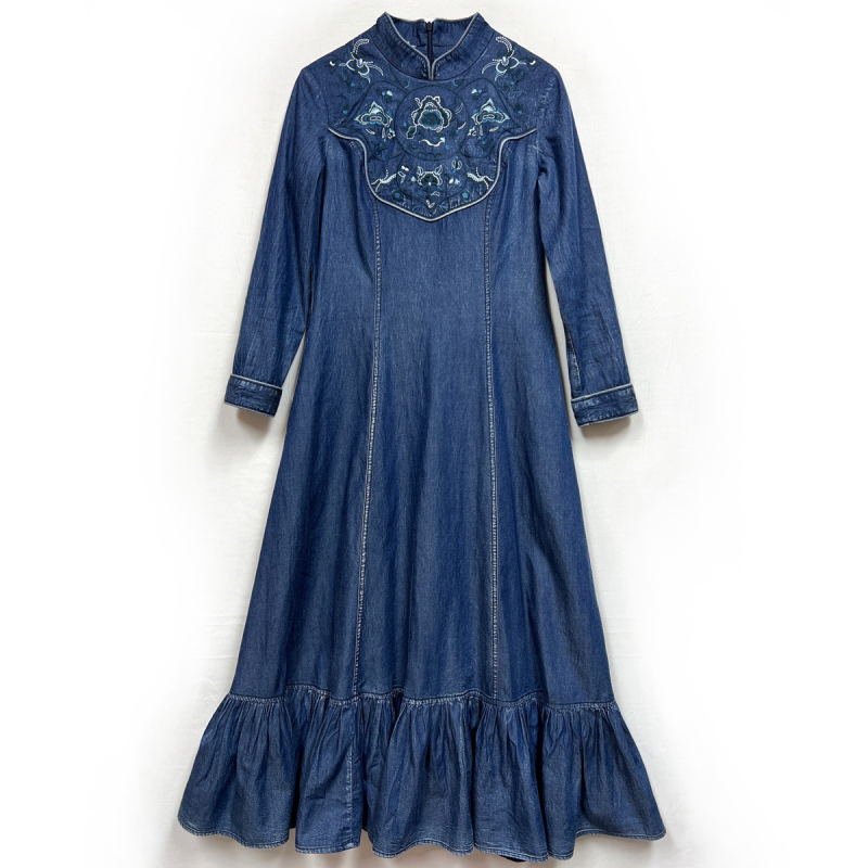 Jarné 2025 Nové vintage vyšívané džínsové šaty Elegantné úzke šaty s rybím chvostom 82533