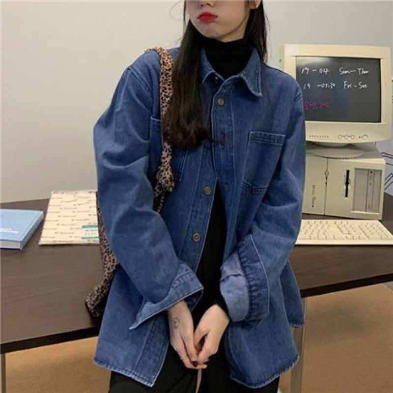 Dámsky vintage džínsový kabát v hongkonskom štýle, voľný, zoštíhľujúci, ležérny, univerzálny kardigan s dlhým rukávom