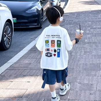 Детско облекло Детска тениска с къс ръкав за момчета Бяла тениска Бебешки топ 2024 Лято Нова Свободна Ежедневна Тениска с Половин Ръкав за Малки Момчета