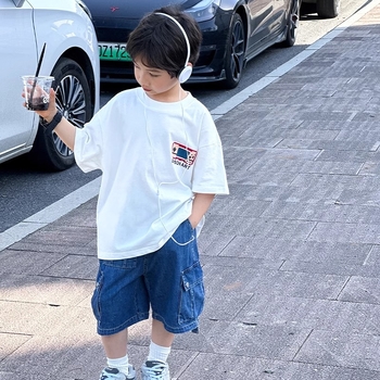 Детско облекло Детска тениска с къс ръкав за момчета Бяла тениска Бебешки топ 2024 Лято Нова Свободна Ежедневна Тениска с Половин Ръкав за Малки Момчета