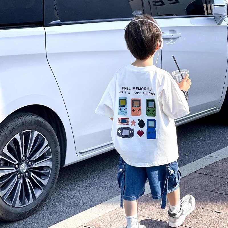 Детско облекло Детска тениска с къс ръкав за момчета Бяла тениска Бебешки топ 2024 Лято Нова Свободна Ежедневна Тениска с Половин Ръкав за Малки Момчета