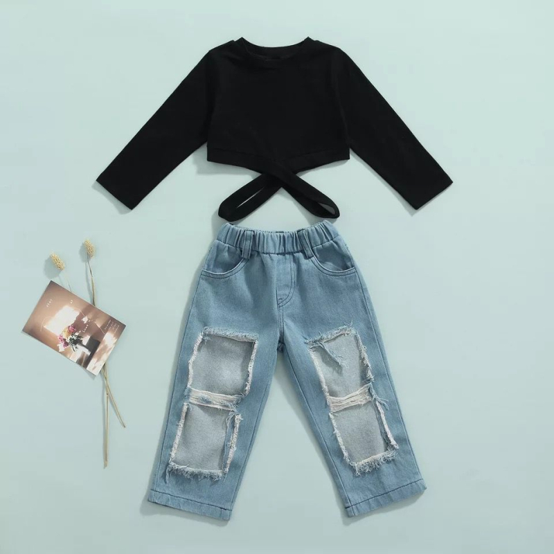 Costum de toamnă 2021 pentru fete, cu mânecă lungă, croială bandaj, top + pantaloni din denim rapiți