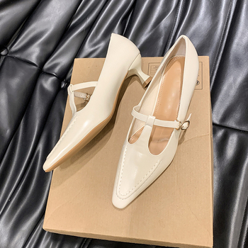 Γαλλικά ψηλοτάκουνα παπούτσια με μυτερό τακούνι στιλέτο και μεσαίο τακούνι, νέα άφιξη 2024, στυλ νεράιδας, ρηχά μονόστομα παπούτσια