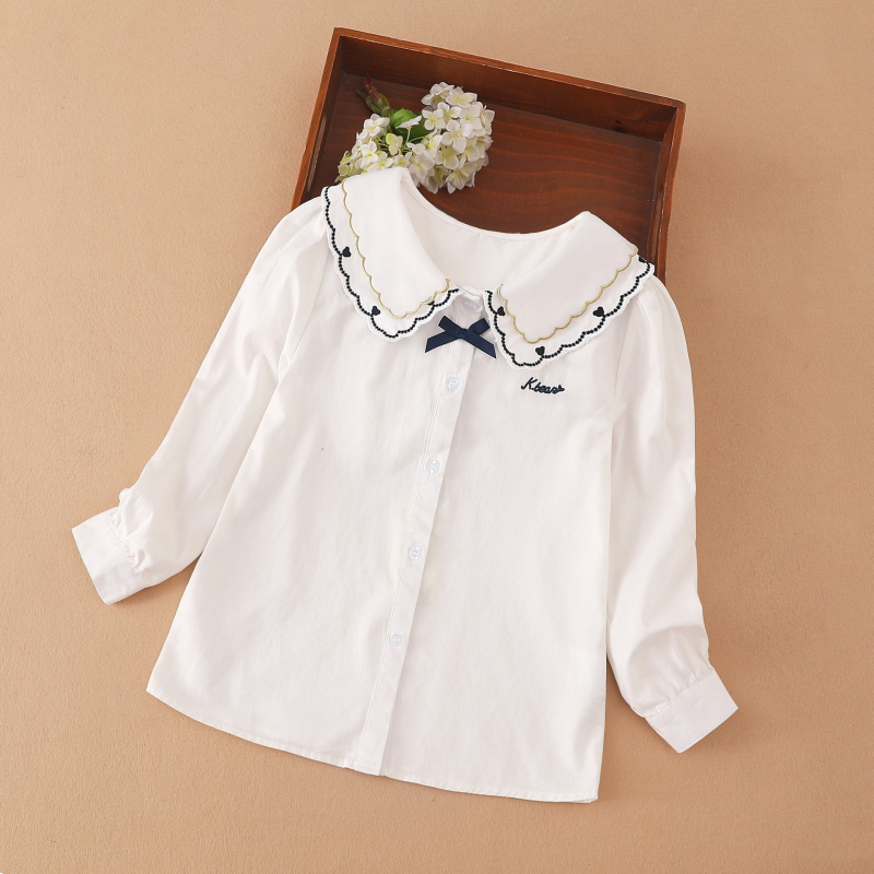 Tüdrukute pikkade varrukatega puuvillane särk, sügisene, uus, kolledži stiilis, tüdruk, tikitud revääriga topp, stiilne, tudengipluus, trendikas