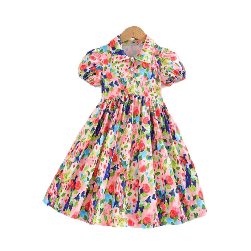 Mergaitiška gėlėta suknelė vasarinei Monet aliejinei tapybai su burbulinėmis rankovėmis, laisvalaikio stiliaus, vakarietiško stiliaus, vaikiškas ilgas sijonas
