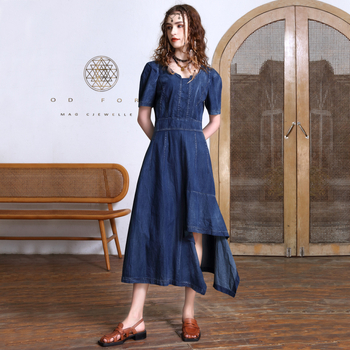 Letné nové štýlové džínsové šaty s nepravidelným lemom, sťahujúce pás, zoštíhľujúce, elegantné šaty strednej dĺžky 82508