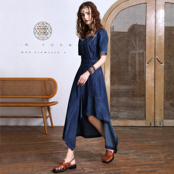 Letné nové štýlové džínsové šaty s nepravidelným lemom, sťahujúce pás, zoštíhľujúce, elegantné šaty strednej dĺžky 82508