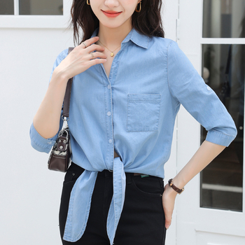 Dámske rifľové tričko s výstrihom do V a sedembodovým rukávom