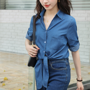 Dámske rifľové tričko s výstrihom do V a sedembodovým rukávom