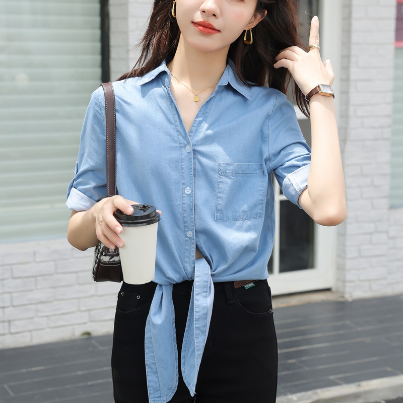 Dámske rifľové tričko s výstrihom do V a sedembodovým rukávom