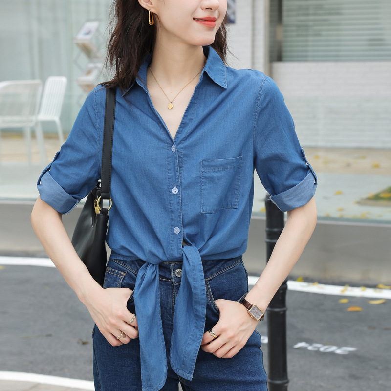 Dámske rifľové tričko s výstrihom do V a sedembodovým rukávom