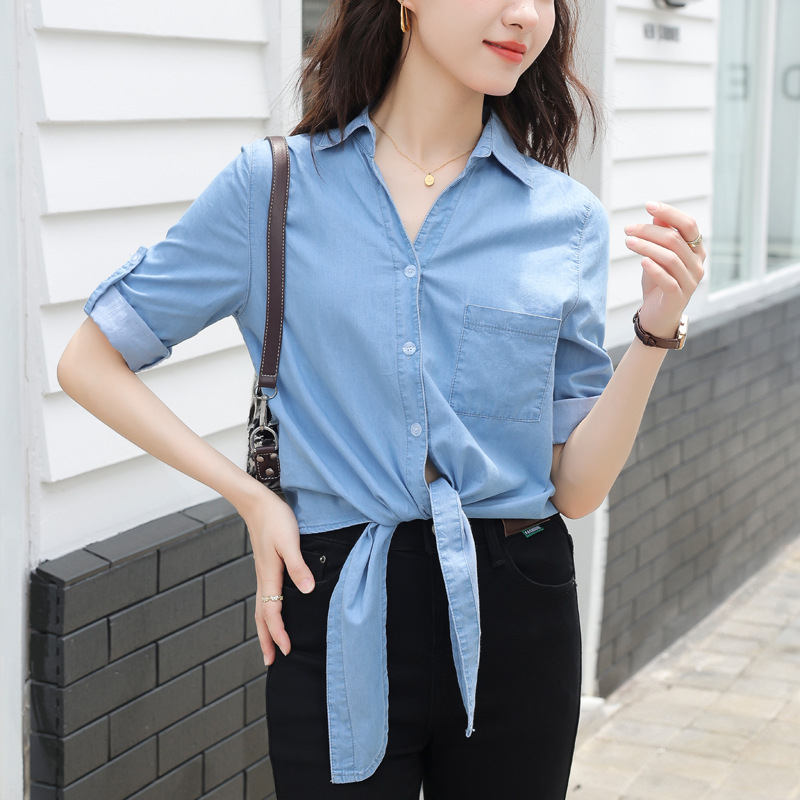 Dámske rifľové tričko s výstrihom do V a sedembodovým rukávom