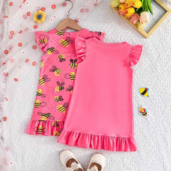 Παιδικά ρούχα για κορίτσια Ροζ φόρεμα με θέμα τη μέλισσα και μανίκια με σχέδιο μέλισσας και πεταλούδα