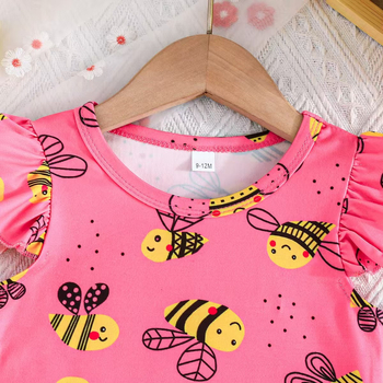 Παιδικά ρούχα για κορίτσια Ροζ φόρεμα με θέμα τη μέλισσα και μανίκια με σχέδιο μέλισσας και πεταλούδα