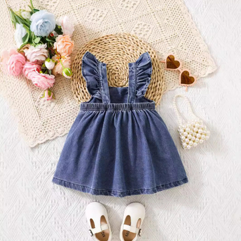 Letné nové módne dievčenské džínsové šaty s mašľou a skladaným cez rameno