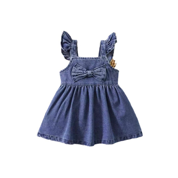 Letné nové módne dievčenské džínsové šaty s mašľou a skladaným cez rameno